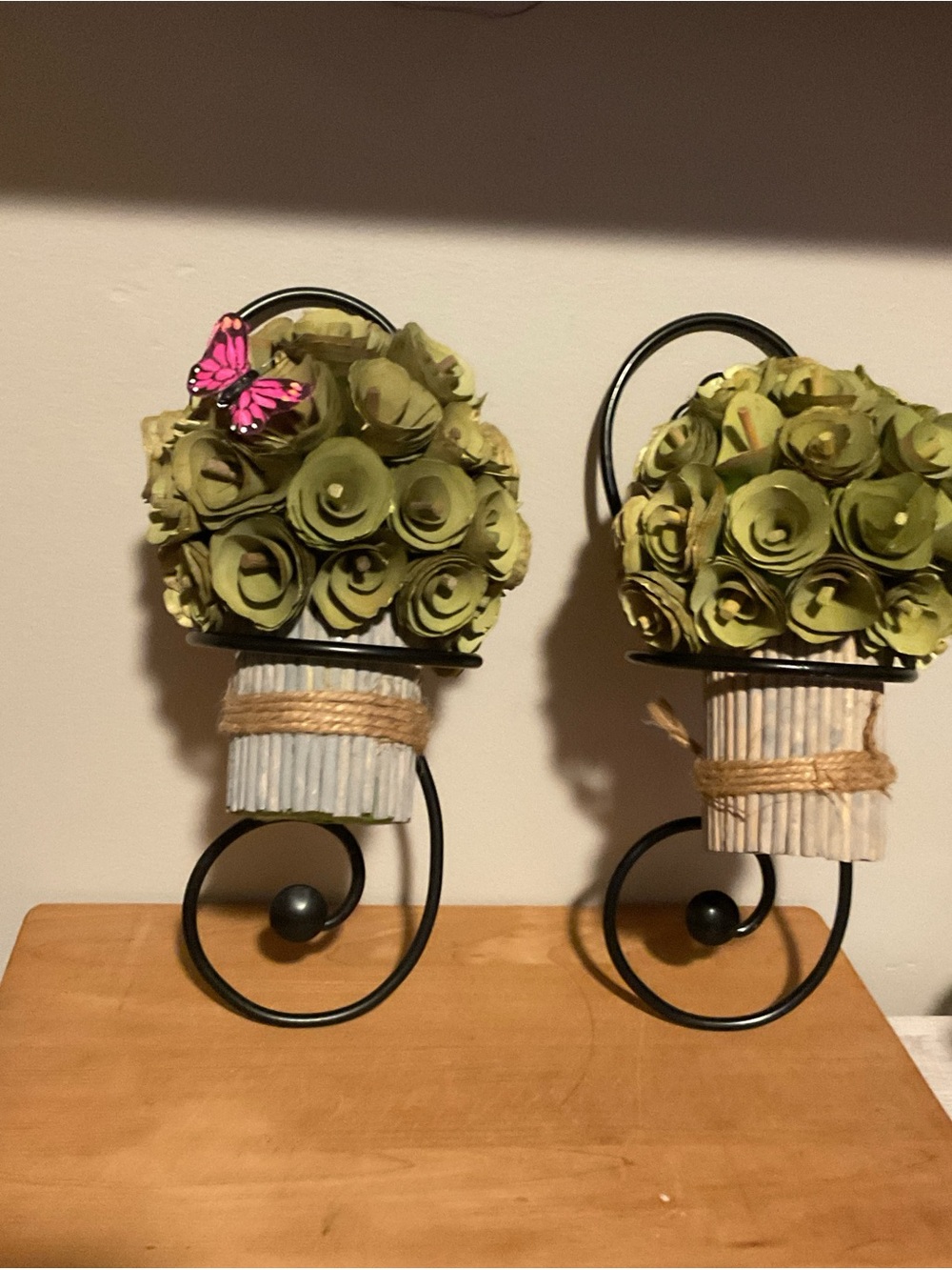Olive Green Rose Wall Sconce Pair with Twine and Black Scroll Hangers